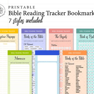 May include: Seven printable Bible reading tracker bookmarks in different colors. Each bookmark has a different theme, such as Scripture Passages, Books of the Bible, The Gospels, and Book of Psalms. The bookmarks are designed to help people track their Bible reading progress.