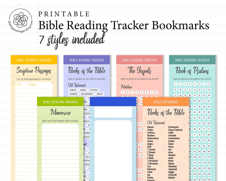 May include: Seven printable Bible reading tracker bookmarks in different colors. Each bookmark has a different theme, such as Scripture Passages, Books of the Bible, The Gospels, and Book of Psalms. The bookmarks are designed to help people track their Bible reading progress.