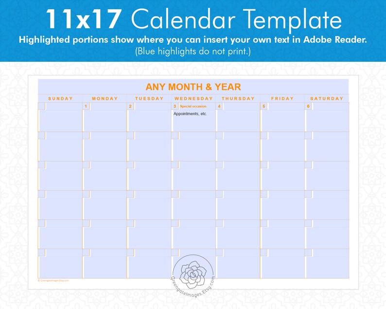 11x17 Editable Calendar Templates Landscape calendars | Etsy