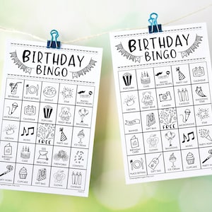 Geburtstags-Bingokarten: Druckbare Bingokarten, schwarz und weiß, 50 Karten, Aktivitäten für Erwachsene, Kinderspielidee, Geburtstagspartyspiel, pdf
