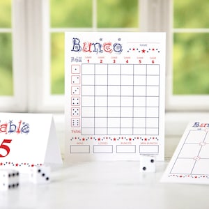 Bunco-scorekaartset - AFDRUKBARE digitale download-pdf met telformulier en tafelnummerkaarten. Feestspel, activiteit voor grote groepen, idee 4 juli.