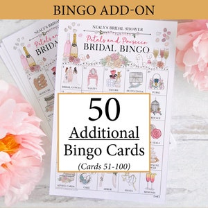 ADICIONAL: 50 cartões adicionais de bingo Petals & Prosecco/Champagne Bridal (numerados de 51 a 100) para acompanhar o jogo original, vendido separadamente