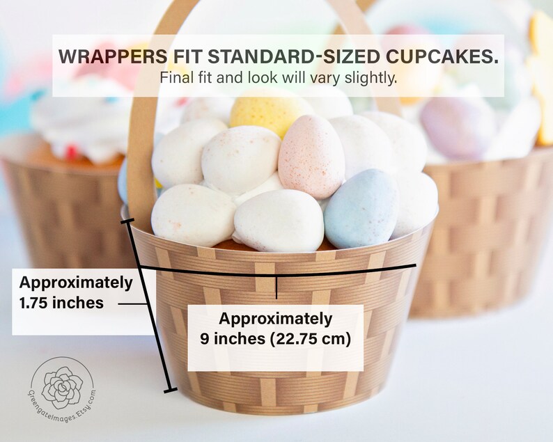 May include: A set of two brown and white basket-style cupcake wrappers. The wrappers are approximately 1.75 inches tall and 9 inches in diameter. The text "WRAPPERS FIT STANDARD-SIZED CUPCAKES. Final fit and look will vary slightly." is printed on the image.