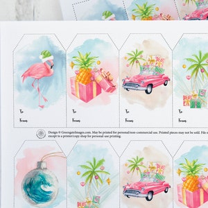 Ensemble d'étiquettes pour cadeaux de Noël tropical - Page imprimable au format PDF de 2 x 3,5 pouces. Vers et depuis l'espace inclus. Téléchargement numérique instantané, amusant, plage, hawaïen.