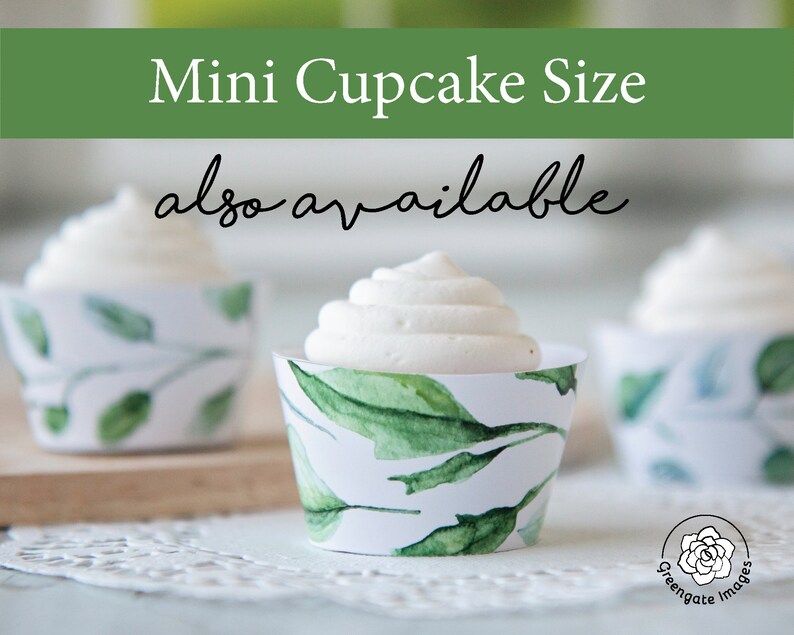 May include: Mini cupcake cases filled with white frosting. The cases feature a white background and green watercolour leaf patterns. The text "Mini Cupcake Size" is at the top, with "also available" below. The Greengate Images logo is in the bottom right.