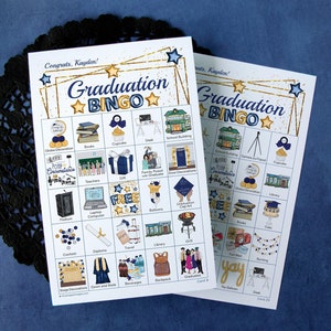 Bingo de graduación: 50 tarjetas exclusivas para IMPRIMIR. Combinación de colores azul marino y dorado para combinar con los colores de tu escuela. Personaliza un poco de texto y agrega una imagen.