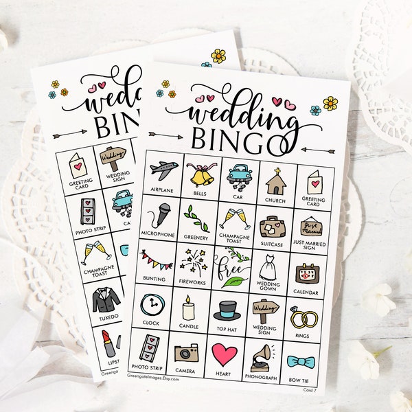 Cartelle del bingo per matrimoni: cartelle del bingo stampabili, set da bingo colorato, 50 cartelle, giochi per addio al nubilato, idee per addio al nubilato, piccola attività per il ricevimento