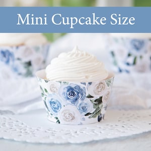 MINI Dusty Blue Rose Cupcake Wrappers - PRINTABLE wedding ideas, watercolor bridal shower, memorial cupcakes, mother&#39;s day party printables
