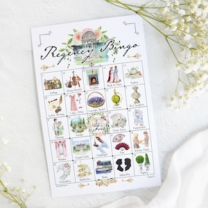 Puede incluir: Una tarjeta de bingo de la Regencia con ilustraciones de varios artículos de la época, que incluyen una cabaña, un cuarteto de cuerdas, una chimenea, un paseo por la ciudad, una tetera, una cesta de lavanda, un frasco de perfume, una pareja bailando, un jardín, un abanico, una criada de cocina, una ventana, una gran finca, un candelabro, una silueta y un topiario.