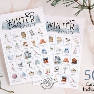Winter (II) Bingo Cards: Printable bingo, 50 cards, senior citizen activity, kids game, birthday idea, bingo w beautiful labeled pictures