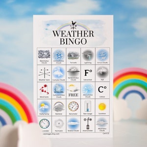 Cartes de bingo météo : cartes de bingo imprimables, 50 cartes, activité de jeu pour enfants, images couleur étiquetées, bingo météorologique, jeu d'apprentissage des études sur les nuages