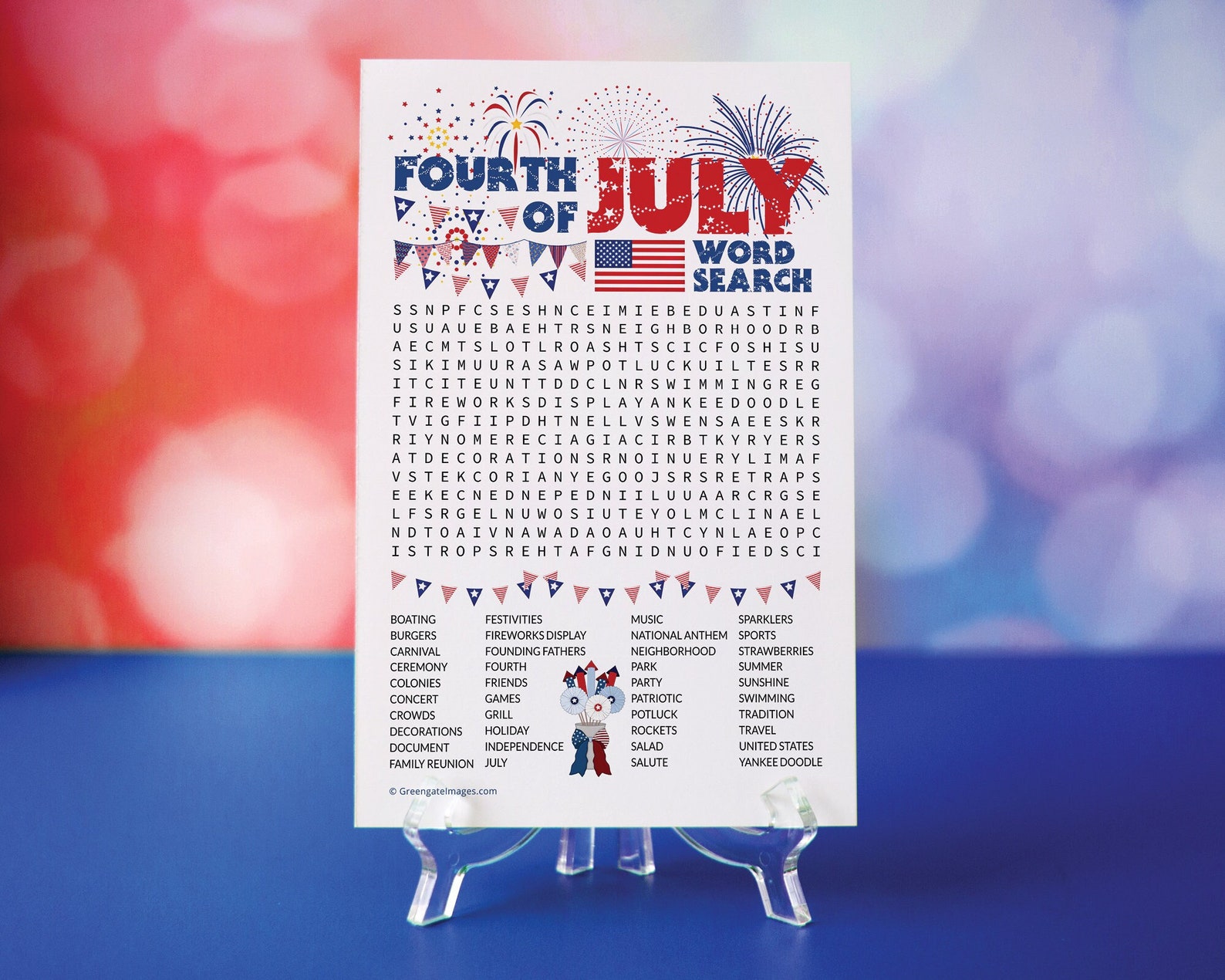 Fourth of July Word Search - PRINTABLE Downloadable PDF. Patriotic Word