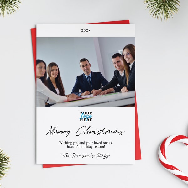 Minimalist Logo Holiday Photo Card - PRINTABLE 5x7 photo card template. Personalize text, add your photos in Corjl. Custom business logo.