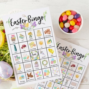 Easter Bingo Cards: Printable bingo cards, 50 cards, senior citizen activities, labeled color pictures, kids game idea, fun easter activity