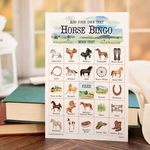 Horse Bingo: 50 printable bingo cards - Cowgirl party, cowboy, country western, ranch. Personalized editable fillable PDF. Add text in Adobe