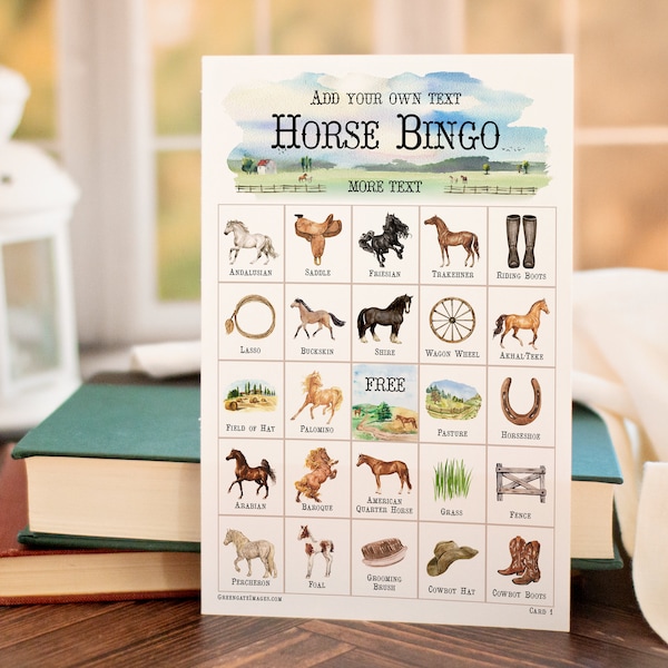 Horse Bingo: 50 printable bingo cards - Cowgirl party, cowboy, country western, ranch. Personalized editable fillable PDF. Add text in Adobe