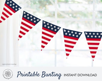 Wimpelkette mit Amerikanischer Flagge - Banner, Stars and Stripes, Ideen zum Unabhängigkeitstag, Gedenktag Banner, Party Printables, Rot Weiß Blau, Dekoration