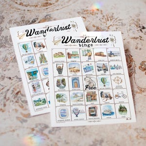 Wanderlust Travel Bingo - 50 PRINTABLE unique cards. Instant digital download PDF. Beautiful, hand-painted game for adventurers of all ages.
