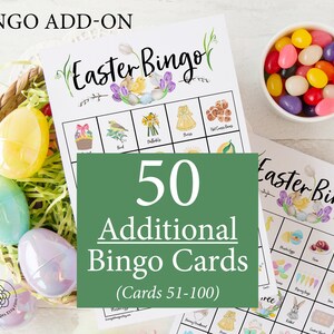 ADICIONAL: 50 cartelas de bingo de Páscoa adicionais (numeradas de 51 a 100) para acompanhar o jogo original, vendido separadamente