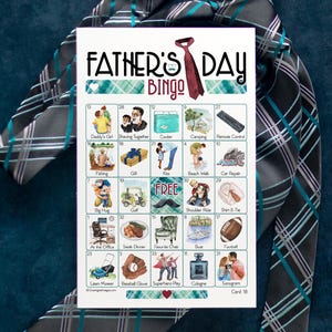 May include: A Father's Day Bingo card with illustrations of activities and objects, including a tie, cooler, and football. The card is set against a backdrop of a patterned tie.