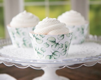 Eucalyptus Greenery Cupcake Wrappers - PRINTABLE watercolor leaves, bridal shower ideas, memorial cupcakes, mother's day, party printables