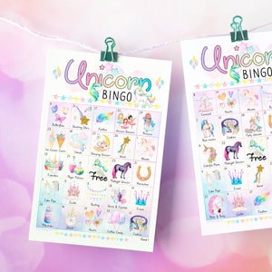 Einhorn Bingo (für Kinder) - 50 DRUCKBARE Karten, handgemalt mit Aquarell Motiven. Digitaler Download PDF. Kinderparty/Babyparty.
