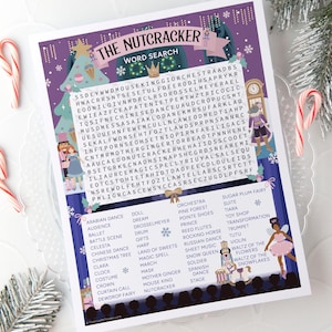 May include: A printed word search puzzle titled "The Nutcracker" with a purple and teal background. The puzzle features a Christmas tree, clock, and illustrations of characters from the ballet. Candy canes and a sprig of greenery are in the corners.