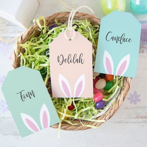 Ostergeschenkanhänger - Ostergeschenkanhänger, bearbeitbares Corjl, personalisierte Osterkörbe, Bevorzugungsanhänger, Osterhasenanhänger, Pastellfarben, Kaninchen
