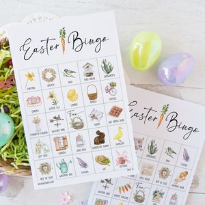 May include: Two Easter Bingo game cards with watercolor illustrations of spring and Easter-themed items like daffodils, bunnies, and eggs. The cards have the words "Easter Bingo" in a script font, with a carrot illustration.