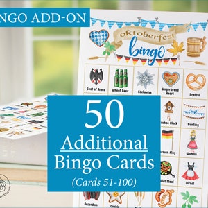 ADICIONAL: 50 cartelas de bingo Oktoberfest adicionais (numeradas de 51 a 100) para acompanhar o jogo original, vendido separadamente