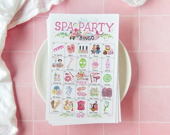 Spa Party Bingo - 50 PRINTABLE unique cards. Instant digital download PDF. Fun for girls pampering party. Cute, unique watercolor art.