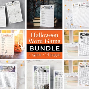 Halloween Word Game Bundle - PRINTABLE instant digital download PDFs. Word search, unscramble, alphabet categories game, how many words pack