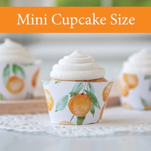 May include: Three mini cupcakes with white frosting and orange-themed cupcake liners. The liners have a watercolor design of oranges and leaves. The text "Mini Cupcake Size" is displayed above the cupcakes.