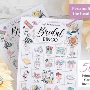Tea Party Bridal Shower Bingo Cards: PRINTABLE set 50 unique cards as a PDF. Personalize the header and title text using Adobe Reader.
