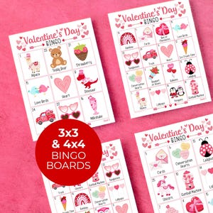 Valentijnsdagbingo voor kinderen: 50 AFDRUKBARE unieke kaarten. 3 x 3 en 4 x 4 grote printplaten. Klaslokaal, familiespelavond en feestidee.