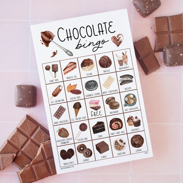 Chocolate Bingo Cards: Printable bingo cards, color pictures, 50 cards, dessert sweets themed party games, chocolate fountain birthday party