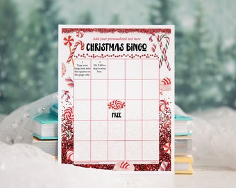 FILLABLE Candy Cane Bingo Template: 50 Cards Printable pdf, editable personalized custom holiday game diy blank Christmas bingo, find guest