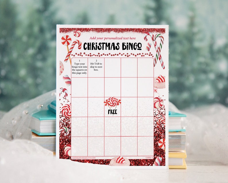 FILLABLE Candy Cane Bingo Template: 50 Cards Printable pdf, editable personalized custom holiday game diy blank Christmas bingo, find guest image 1