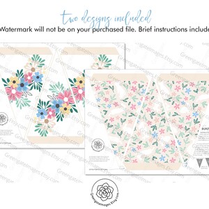 May include: Two printable designs for bunting flags featuring floral patterns. One design has large pink, blue, and yellow flowers with green leaves on a cream background. The other design has small pink, blue, and green flowers with green leaves on a cream background.