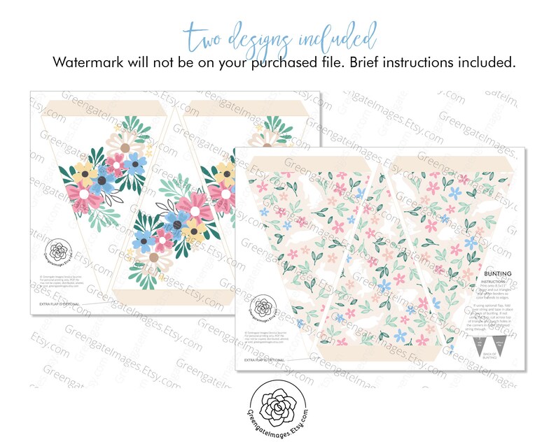 May include: Two printable designs for bunting flags featuring floral patterns. One design has large pink, blue, and yellow flowers with green leaves on a cream background. The other design has small pink, blue, and green flowers with green leaves on a cream background.
