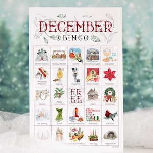 December Bingo - 50 PRINTABLE unique cards. Instant digital download PDF. Fun activity for winter babies, potlucks, holidays, homeschool.