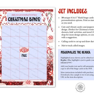 FILLABLE Candy Cane Bingo Template: 50 Cards Printable pdf, editable personalized custom holiday game diy blank Christmas bingo, find guest image 4