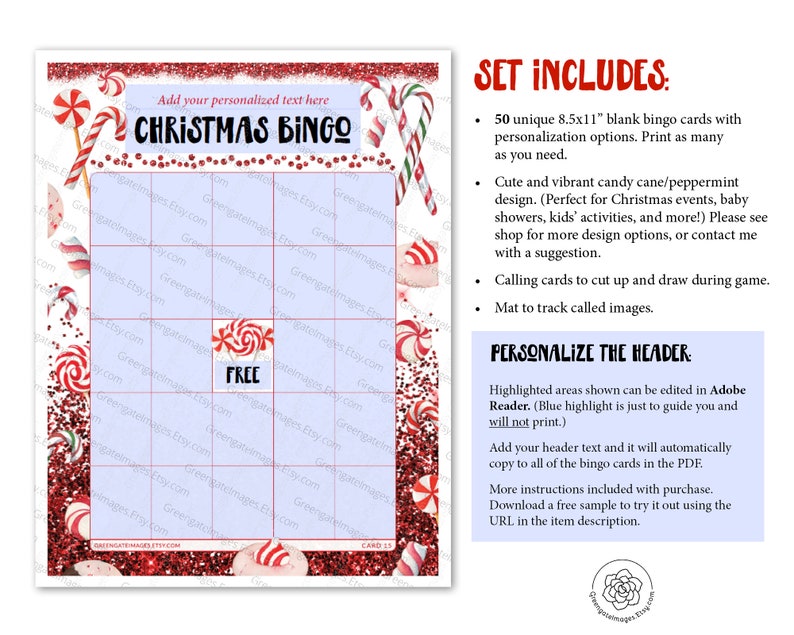 FILLABLE Candy Cane Bingo Template: 50 Cards Printable pdf, editable personalized custom holiday game diy blank Christmas bingo, find guest image 4