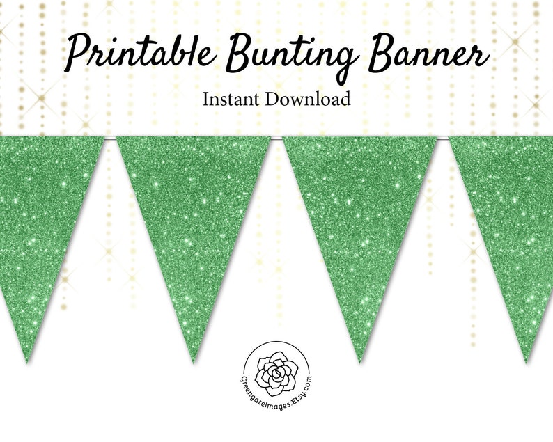 bridal shower ideas spring clover fern faux glittery Printable Banner baby shower bridal party decor Medium Green Glitter Bunting
