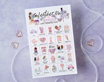 Galentine's Day Bingo Cards: Printable bingo cards, 50 cards, ladies brunch activity, party game idea, labeled color pictures, lavender pink