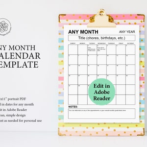 Editable Calendar PDF: any year, fillable, printable, monthly planner, meal planner, digital download, calendar template, one month calendar