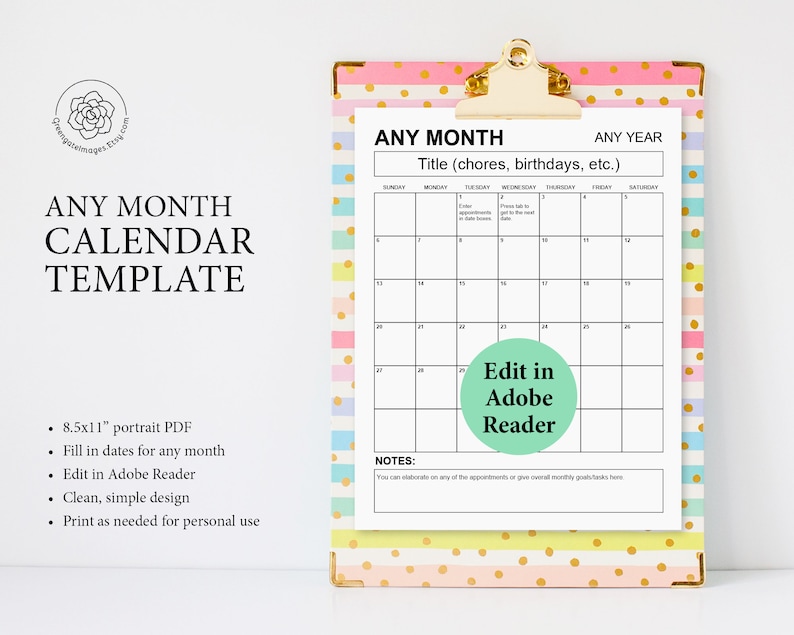 Editable Calendar PDF: Any Year Fillable Printable Monthly - Etsy Canada