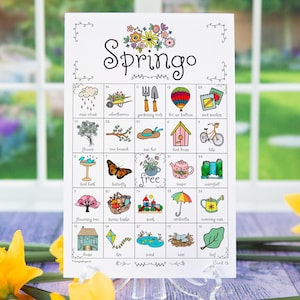 Frühlings Bingo - 50 einzigartige Karten zum Ausdrucken. Seniorenbegegnung, Kinderspielzeug, Geburtstagsidee, vorausgefüllt mit Bildern und Beschriftung/Beschriftung.