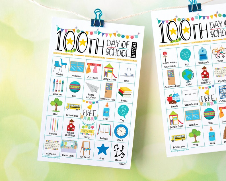 May include: Two bingo cards with a 100th day of school theme. The cards are filled with images and words related to school, such as a school bus, a globe, a classroom door, a backpack, a pencil, a book, a clock, a star, a swing set, a jungle gym, a tree, a whiteboard, a snack, a ball, a window, a coat rack, crayons, a paper airplane, a chair, a sink, glue, a school building, and a party hat. The cards also have the words 'FREE' and 'YAY' on them. The cards are printed on white paper with a colorful border.