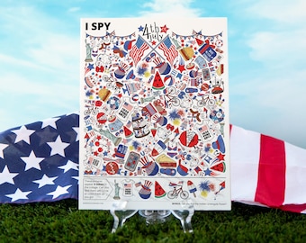 Fourth of July I Spy - Fun printable activity for kids & adults. Colorful hidden pictures page with 40 items to find (5 each of 8 images).